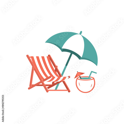 Beach chair and umbrella with tropical cocktail illustration.