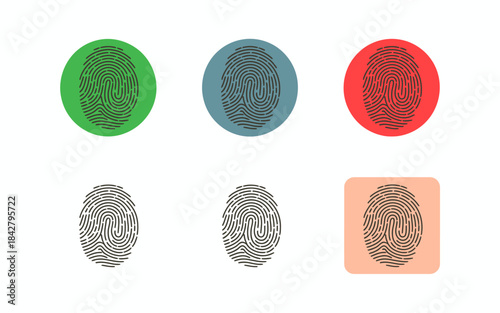 Creative fingerprint line art symbol set including color-accented and black-and-white styles, ideal for identity protection graphics, secure login screens, biometric scanning concepts, and technology-