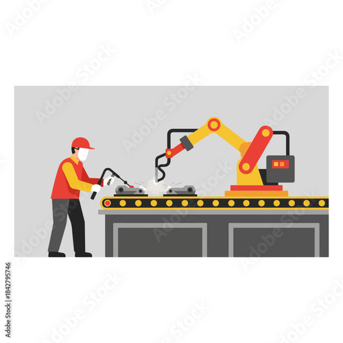 Worker and robotic arm on a factory assembly line.