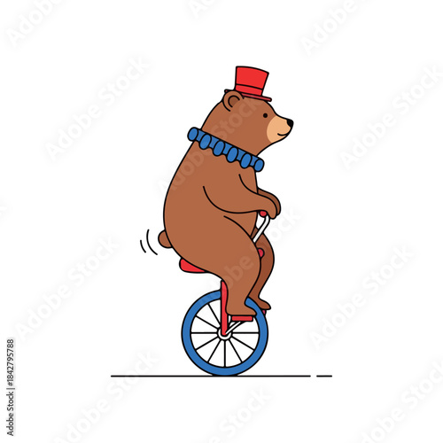 Bear riding a unicycle wearing a red top hat and blue scarf.