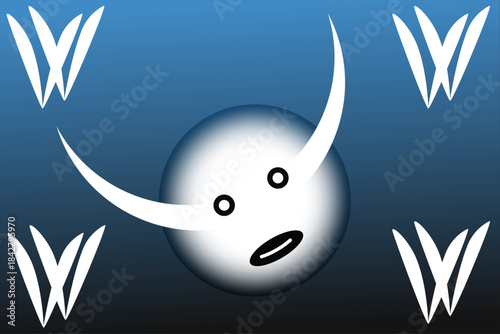 Whimsical egg creature with horns and w symbols