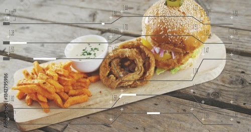 Camera pushing in toward plated burger, HUD marks sweeping, revealing pickle spear, showing menu