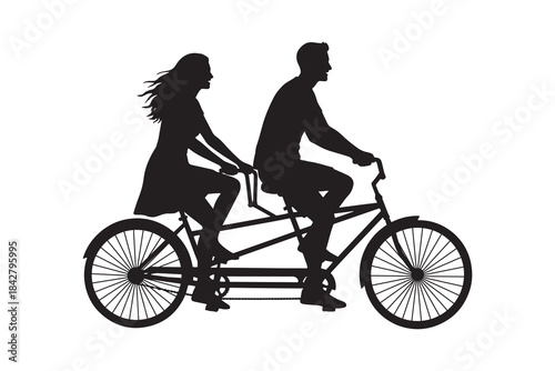 Happy Couple Riding Tandem Bicycle Silhouette Illustration