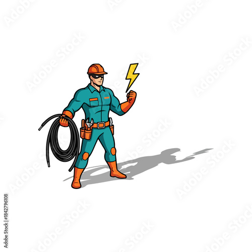 Electrician Worker Holding Cable and Lightning Bolt.