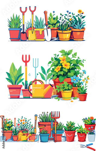 Vsai gardening tools and potted plants background banner