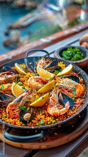 Paella with a Spanish city in the background. Selective focus. food.