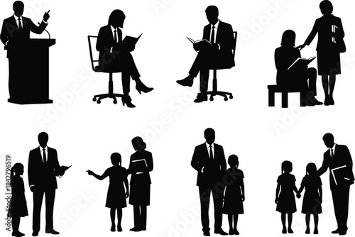 Teaching, mentoring, education, reading, podium, child, adult, silhouette, guidance, learning, classroom, minimal, illustration, parenting, instruction, support