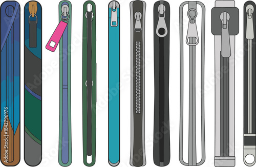 Zipper vector set, colorful zipper designs, fashion accessory elements, zipper pull tabs, garment hardware, cad drawing flat vector illustration, editable template