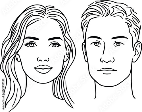 Monochrome Vector Illustration of Two Stylized Human Faces Depicted in Minimalist Line Art Featuring Long-Haired and Short-Haired Individuals to Represent Facial Structure, Gender Contrast, 