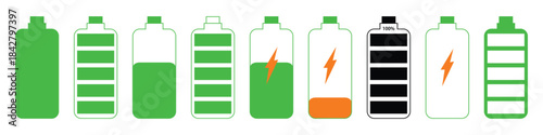Lithium battery level indicators. battery power level pictograms in outline defrent style, battery icon
