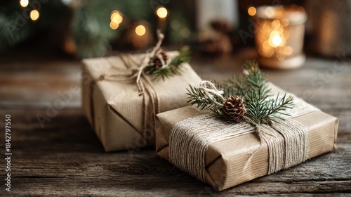 Eco Friendly Christmas Gifts in Kraft Paper on a Wooden Table