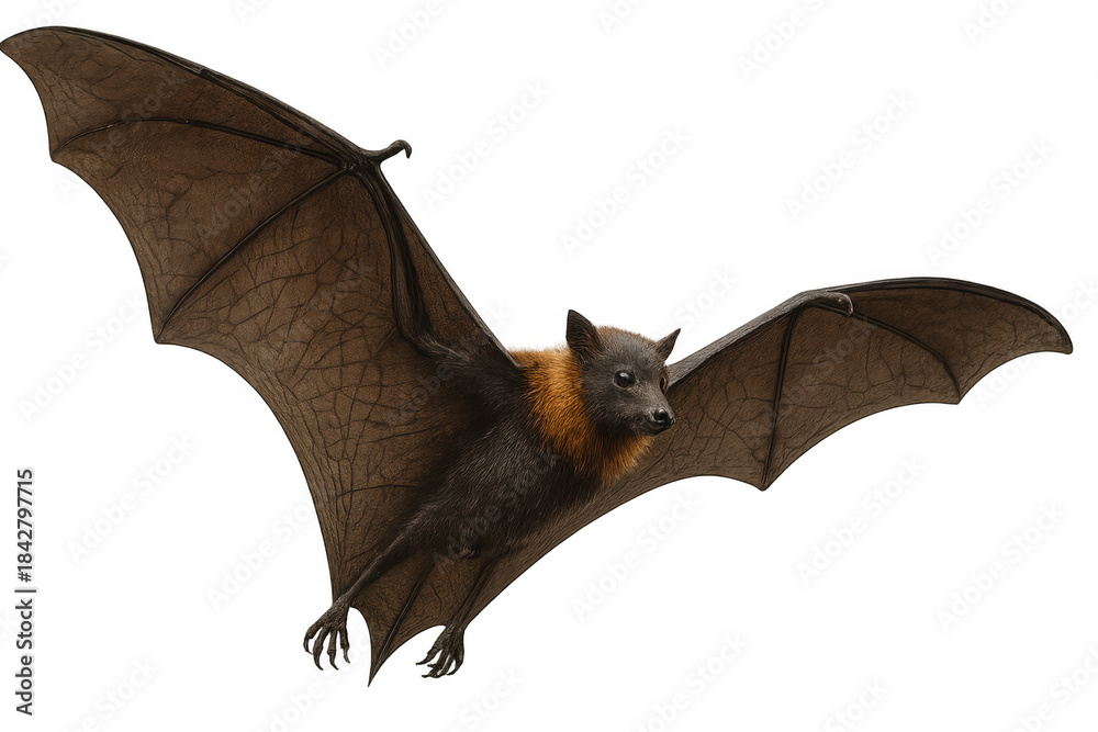 Naklejka premium Flying fox spreading its large leathery wings, a nocturnal mammal representing spooky season, isolated on a transparent background