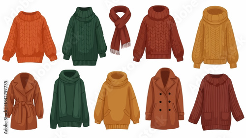 Collection of cozy autumn and winter sweaters and outerwear.