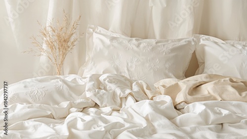 A cozy bed with rumpled white and beige bedding, decorated with a vase of dried pampas grass in a softly lit bedroom.