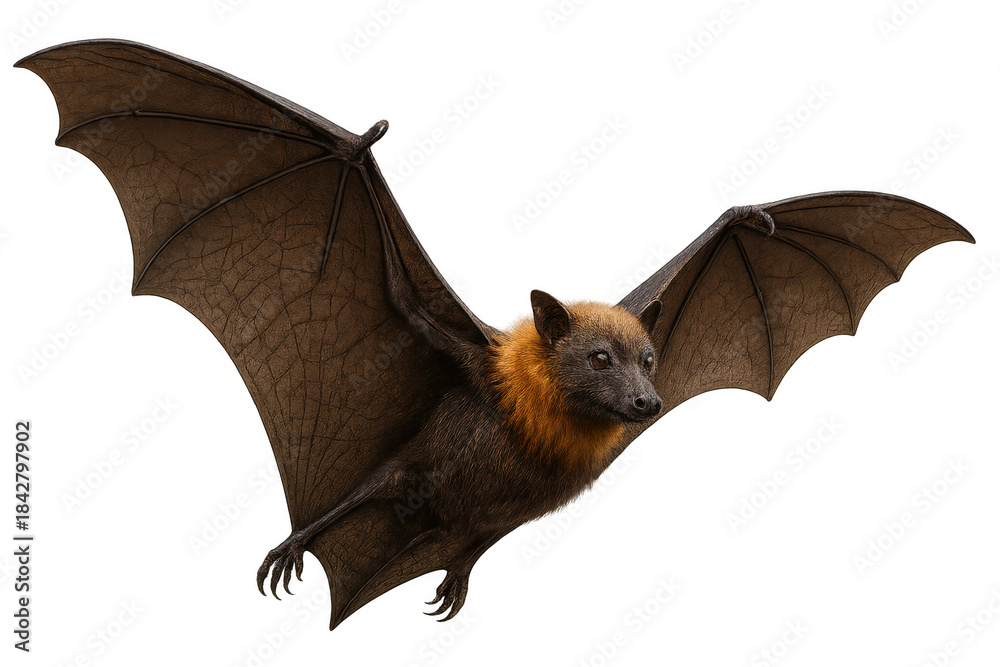 Naklejka premium Large fruit bat, also known as a flying fox, soaring with outstretched wings. Nocturnal mammal isolated for versatile design