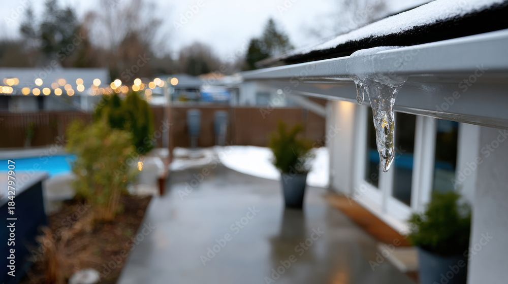 Obraz premium A picturesque winter scene showcasing icicles hanging from a roof, contrasting against a snow-covered backyard, hinting at nature's beauty during colder months.