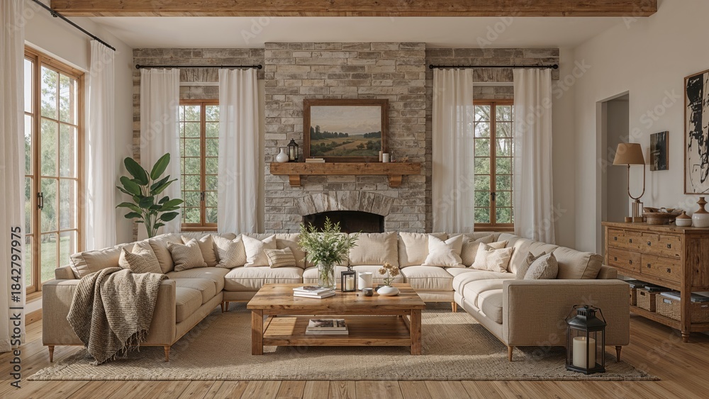 Obraz premium Cozy living room with large beige sectional sofa, stone fireplace, wooden coffee table, and natural light from windows with white curtains.
