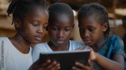 Excited refugee children exploring virtual environments in a digital classroom, representing STEM inclusion, modern education access, and the next generation of empowered global citizens. cinematic