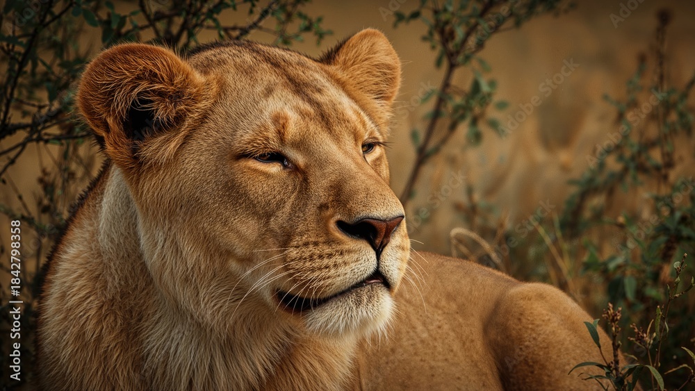 Obraz premium Close-up of a lioness with a calm expression in a natural habitat. Wildlife and nature photography. The essence of wild animals and their environment.