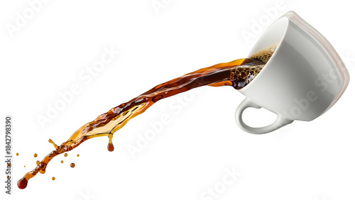 Dynamic splash of dark coffee pouring from an overturned white ceramic cup, capturing energetic liquid movement with individual drops, isolated on transparent background for versatile design use