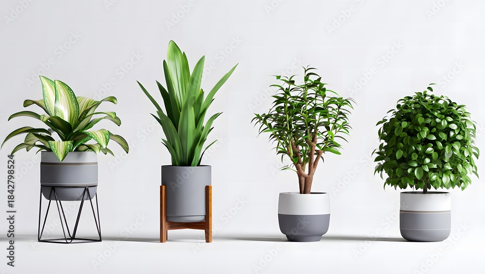 Fototapeta premium A collection of four diverse houseplants in stylish grey and white pots against a clean background