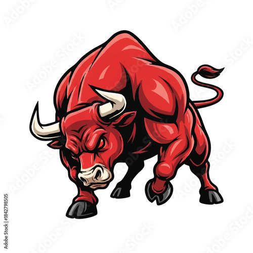 A powerful and dangerous red bull mascot in a stylized 2D flat vector illustration is dramatically leaning forward, flexing muscles to showcase immense strength on a pure white backdrop.