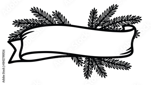 An illustration of a blank banner with pine branches around it on a white background.