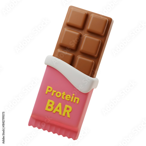 Delicious 3d rendered chocolate protein bar partially unwrapped in a pink wrapper for fitness nutrition concepts