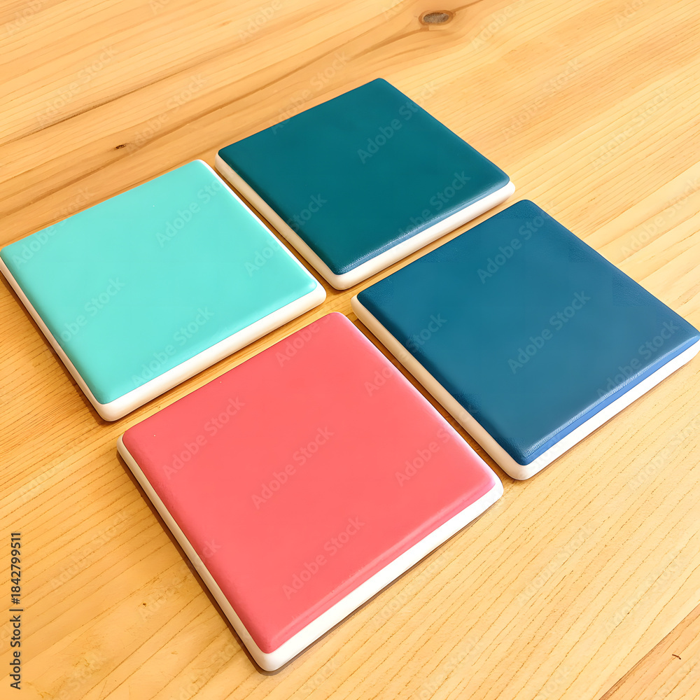 Fototapeta premium Colorful ceramic coasters in mint green, teal, navy blue, and coral arranged on a wooden table