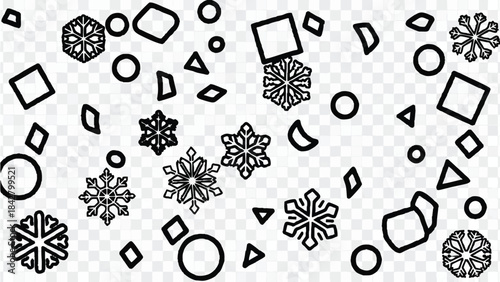 Black snowflakes and geometric shapes float on a transparent background in a graphic design.