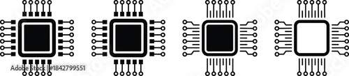 Modern microchip icon set illustrating digital circuits, electronic components, processor technology, hardware design, and data systems