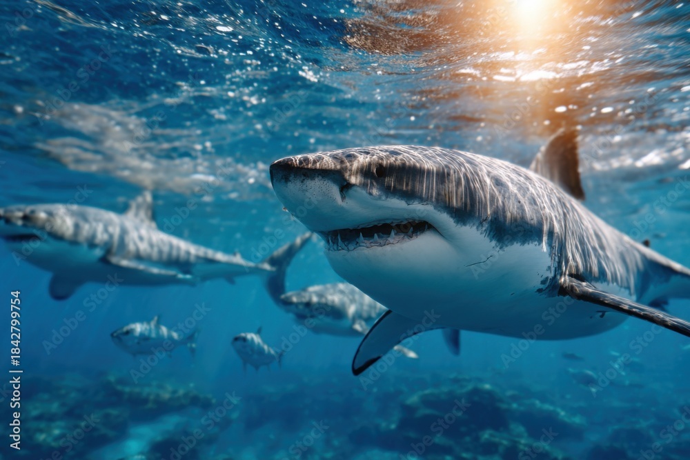 Fototapeta premium a group of sharks swimming around in the ocean, surrounded by fish and sea creatures