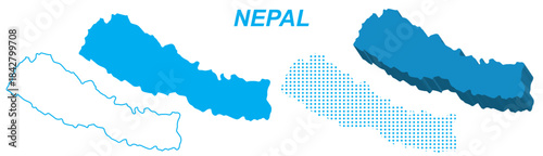 Nepal Map Vector Set, South Asia Outline Silhouette Dotted 3D Solid Shapes, Nepal Country Infographic Template, Editable EPS Nepal Geography