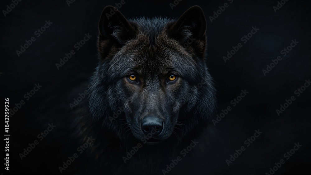 Fototapeta premium Black wolf head close-up with intense eyes on dark background