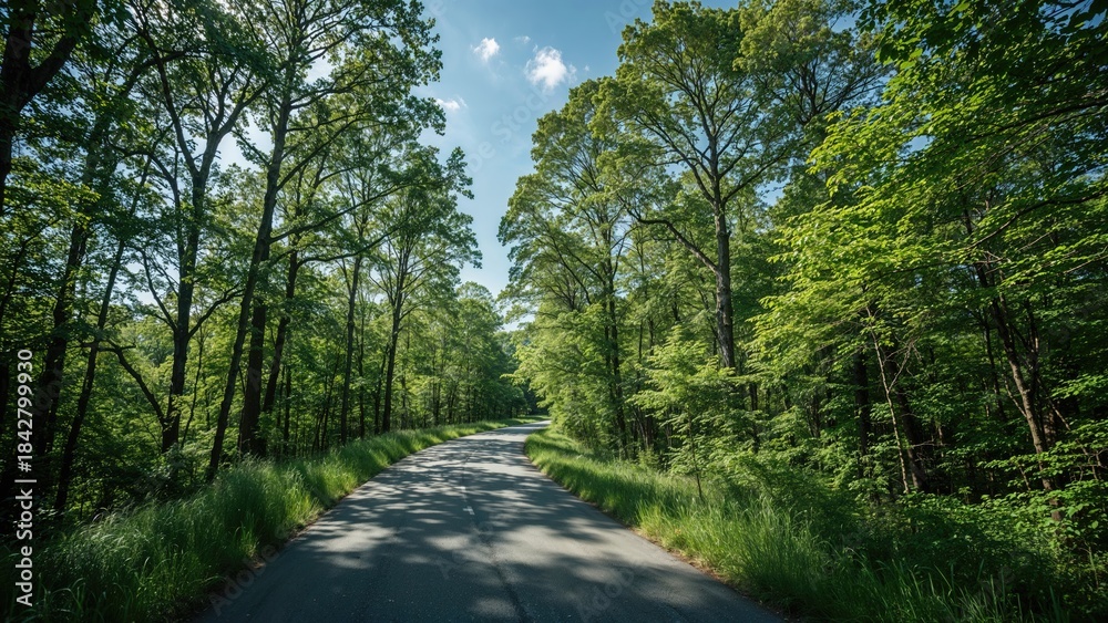 Naklejka premium A tree-lined road through a lush green forest on a sunny day