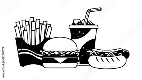 Vector of classic American fast food: burger, fries, soda, hotdog, in flat modern style, bold colors, minimal shadows, isolated on transparent background