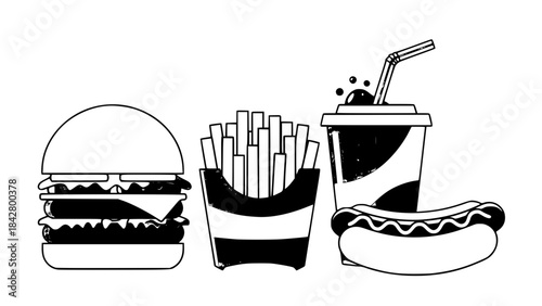 Vector of classic American fast food: burger, fries, soda, hotdog, in flat modern style, bold colors, minimal shadows, isolated on transparent background