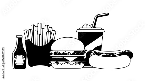 Vector of classic American fast food: burger, fries, soda, hotdog, in flat modern style, bold colors, minimal shadows, isolated on transparent background