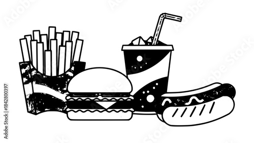 Vector of classic American fast food: burger, fries, soda, hotdog, in flat modern style, bold colors, minimal shadows, isolated on transparent background