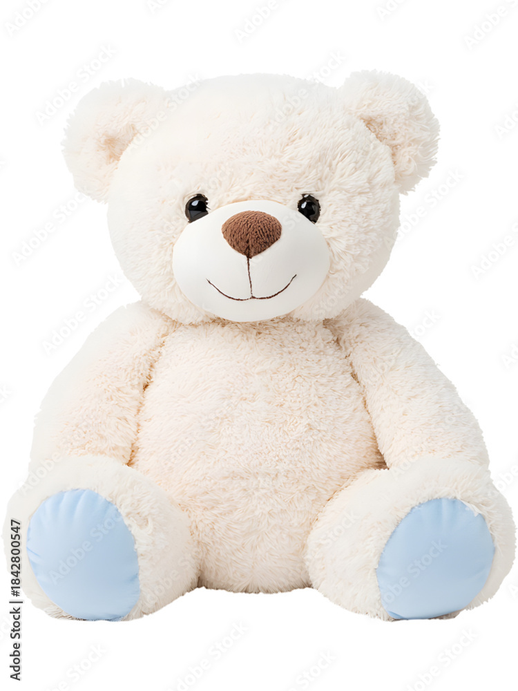 Obraz premium A fluffy white teddy bear with a friendly expression and soft plush texture, perfect for baby themes, holiday visuals, and cozy decor..