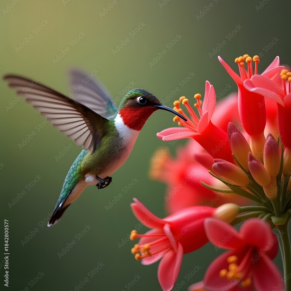 Naklejka premium Hummingbird flying near a colourful flower in nature