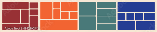Bento style layout grid templates. photo collage. Web comics grids, various panel arrangements and different size tiles vector set.