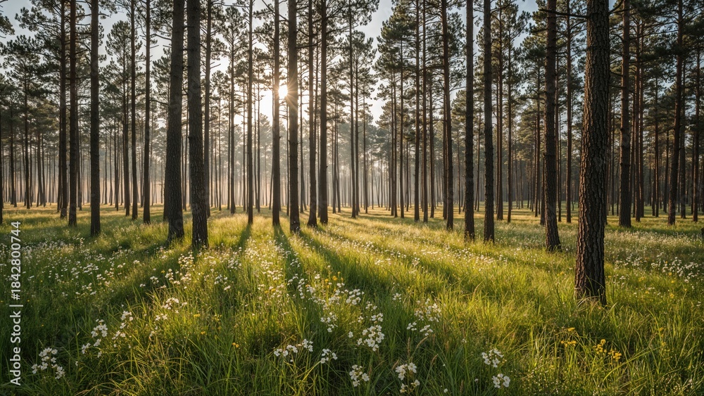 Fototapeta premium A forest scene with tall trees, sunlight filtering through, and lush green grass and white flowers on the ground.