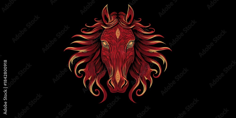 Fototapeta premium Red horse logo design with flowing mane and striking features set against a plain black background