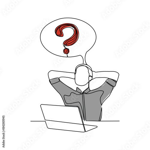 Continuous single line sketch drawing of thinking man with questions mark speech bubble. One line art of business man thinking idea. Vector illustration editable stroke