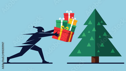 Santa Claus delivering Christmas gifts under fir tree.