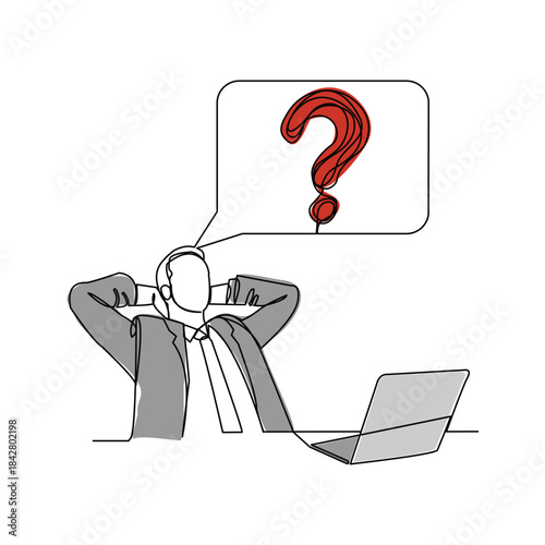 Continuous single line sketch drawing of thinking man with questions mark speech bubble. One line art of business man thinking idea. Vector illustration editable stroke