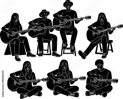 Acoustic Guitar Player Silhouette Vector Set