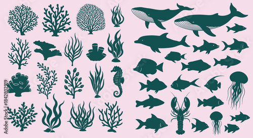 Silhouettes of ocean life and underwater plants for design projects