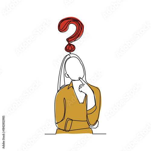 Continuous single line sketch drawing of thinking woman with questions mark. One line art of business woman thinking idea. Vector illustration editable stroke